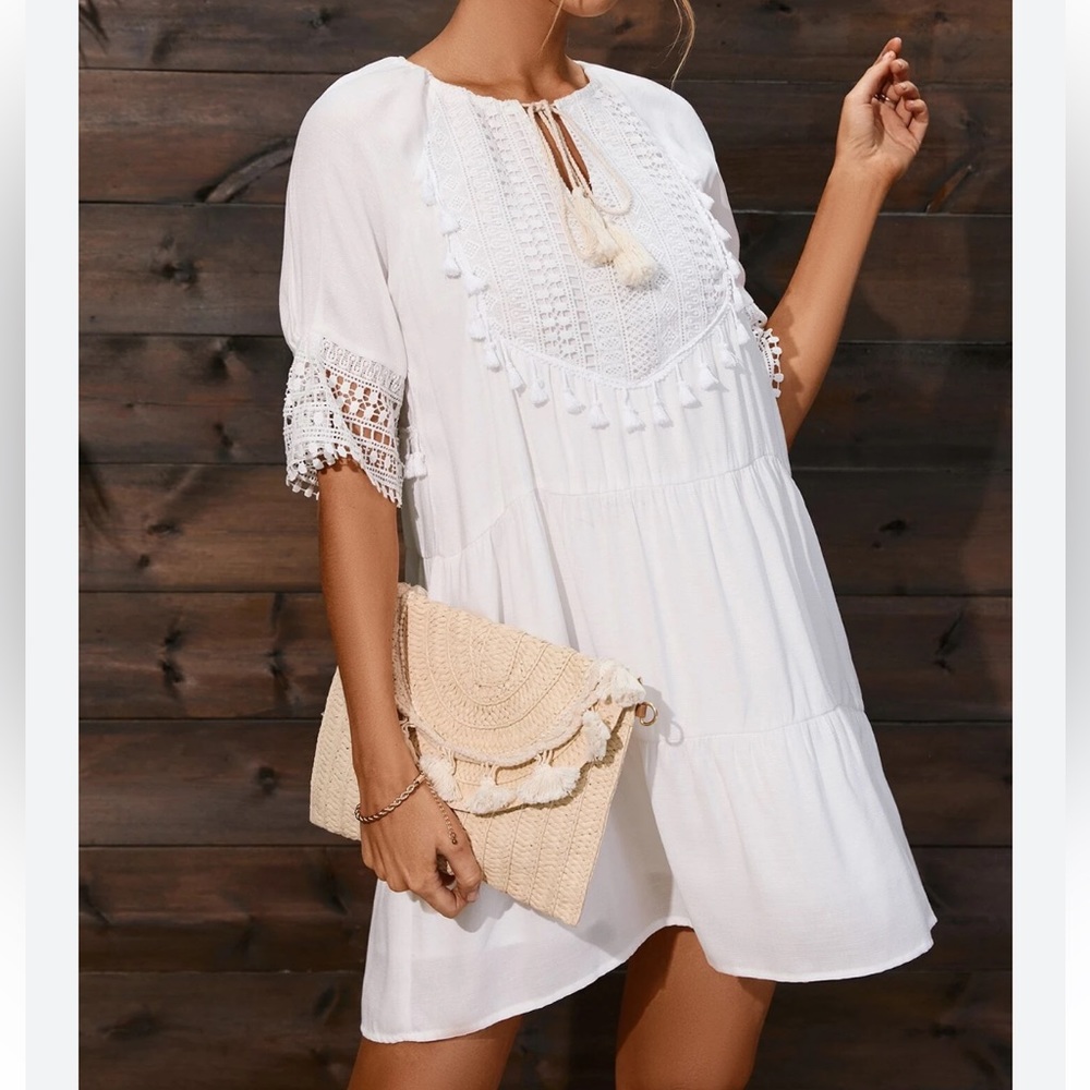 White Crotchet BOHO Neck Tie Baby Doll Sundress Woman Large